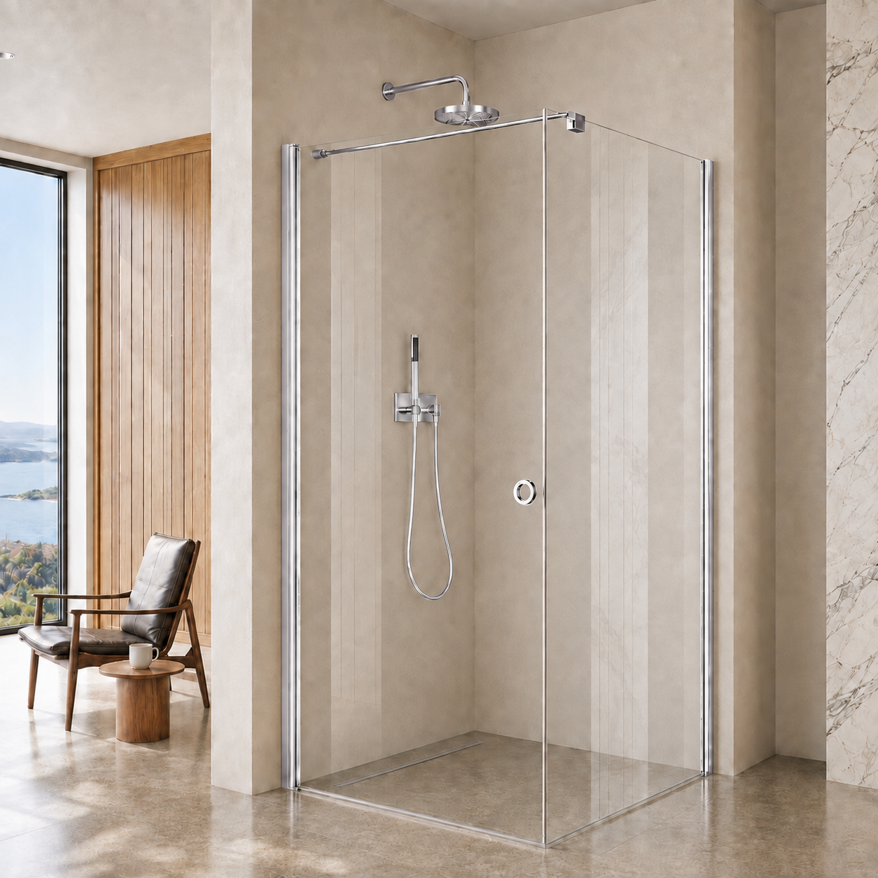 Adelen 100 cm dør + sidefastfelt 120 cm klart glass, krom profil