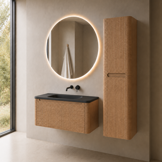 Flow baderomsmøbel 100 cm eik m/sort matt servant + ledspeil og høyskap