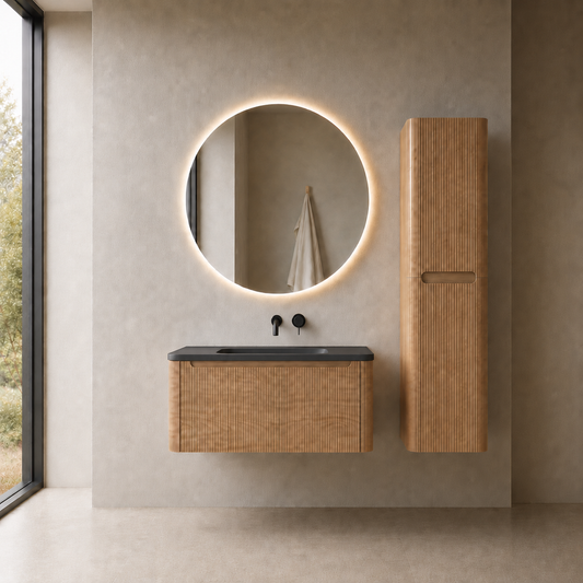 Flow baderomsmøbel 100 cm eik m/sort matt servant + ledspeil og høyskap