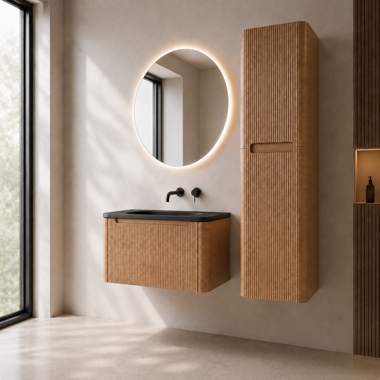 Flow baderomsmøbel 80 cm eik m/sort matt servant + ledspeil og høyskap