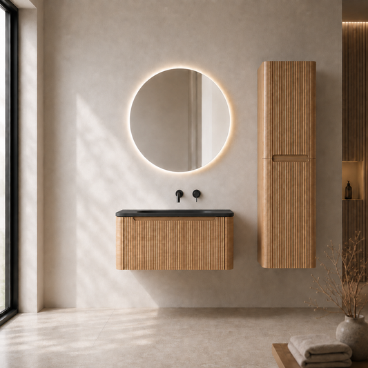 Flow baderomsmøbel 80 cm eik m/sort matt servant + ledspeil og høyskap