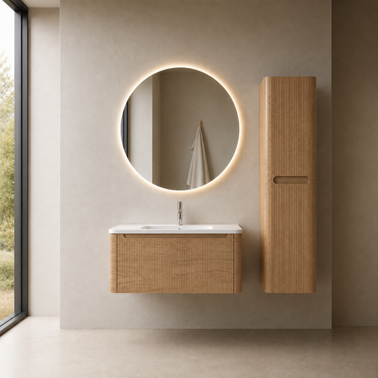 Flow baderomsmøbel 100 cm eik m/hvit matt servant + ledspeil og høyskap