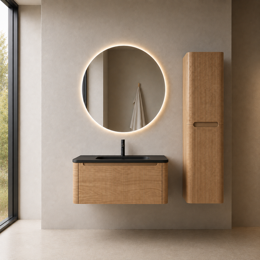 Flow baderomsmøbel 100 cm eik m/sort matt servant + ledspeil og høyskap