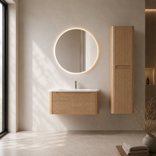 Flow baderomsmøbel 80 cm eik m/hvit matt servant + ledspeil og høyskap
