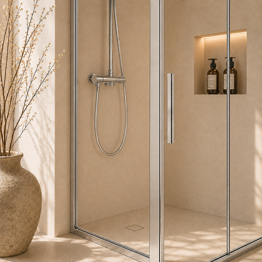 Linda pro skyvedør med fastfelt, klart glass, krom profil