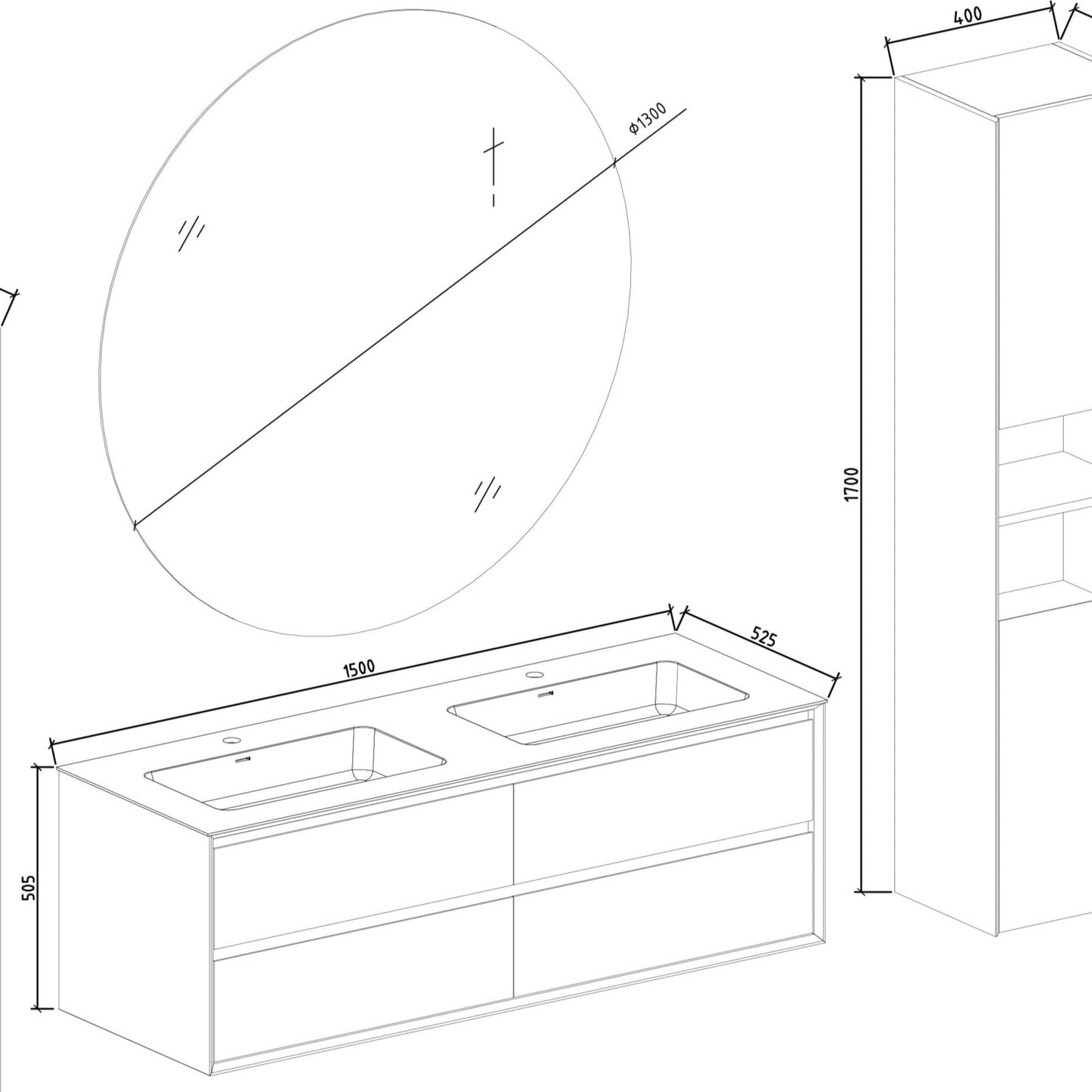 Oslo baderomsmøbel 150 cm sort/eik med 130 ledspeil