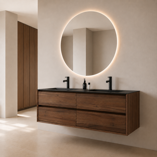 Oslo baderomsmøbel 150 cm valnøtt m/sort matt servant & 110 ledspeil