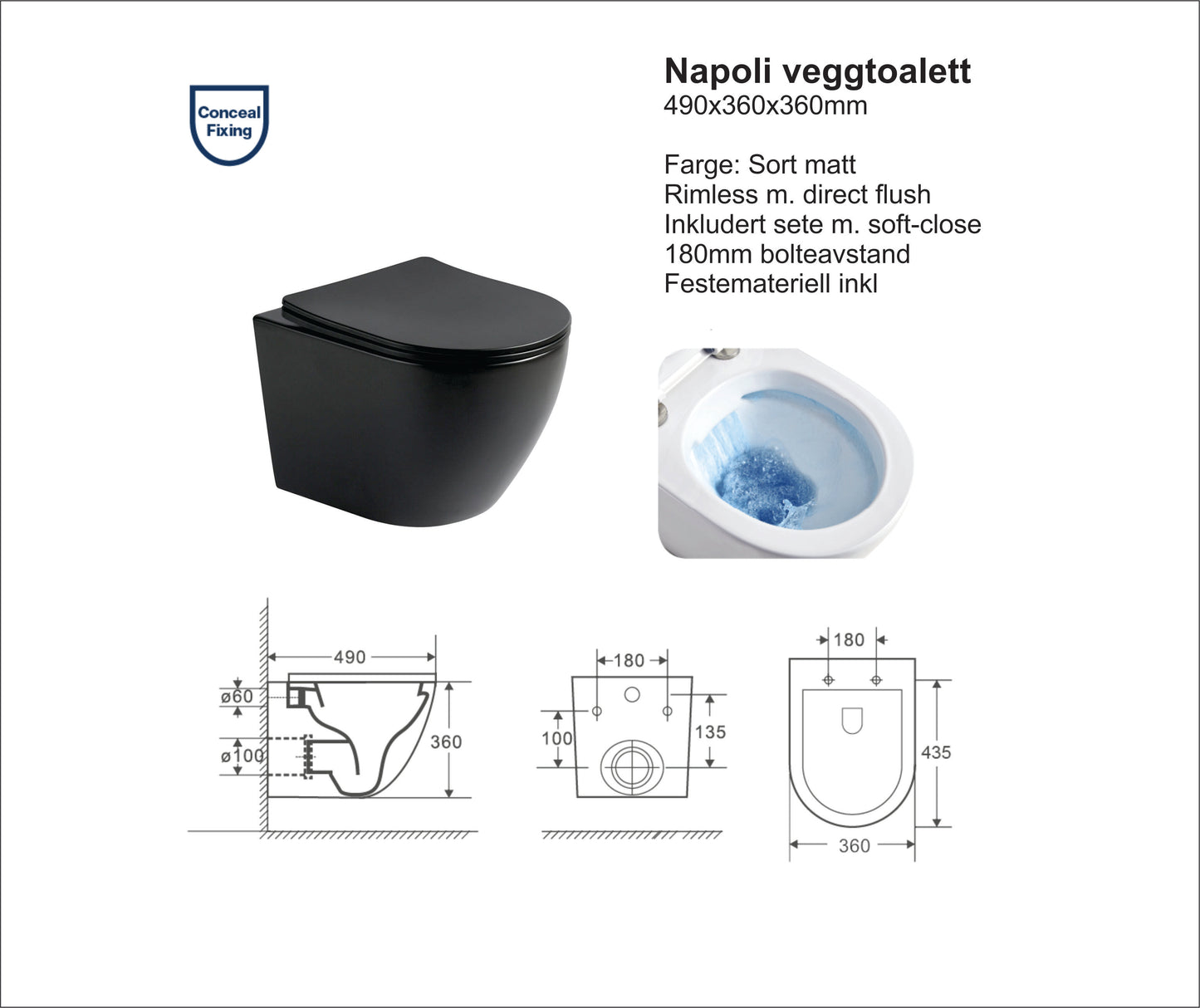 Napoli sort matt toalettpakke, veggskål, softclose sete og sisterne med safetybag