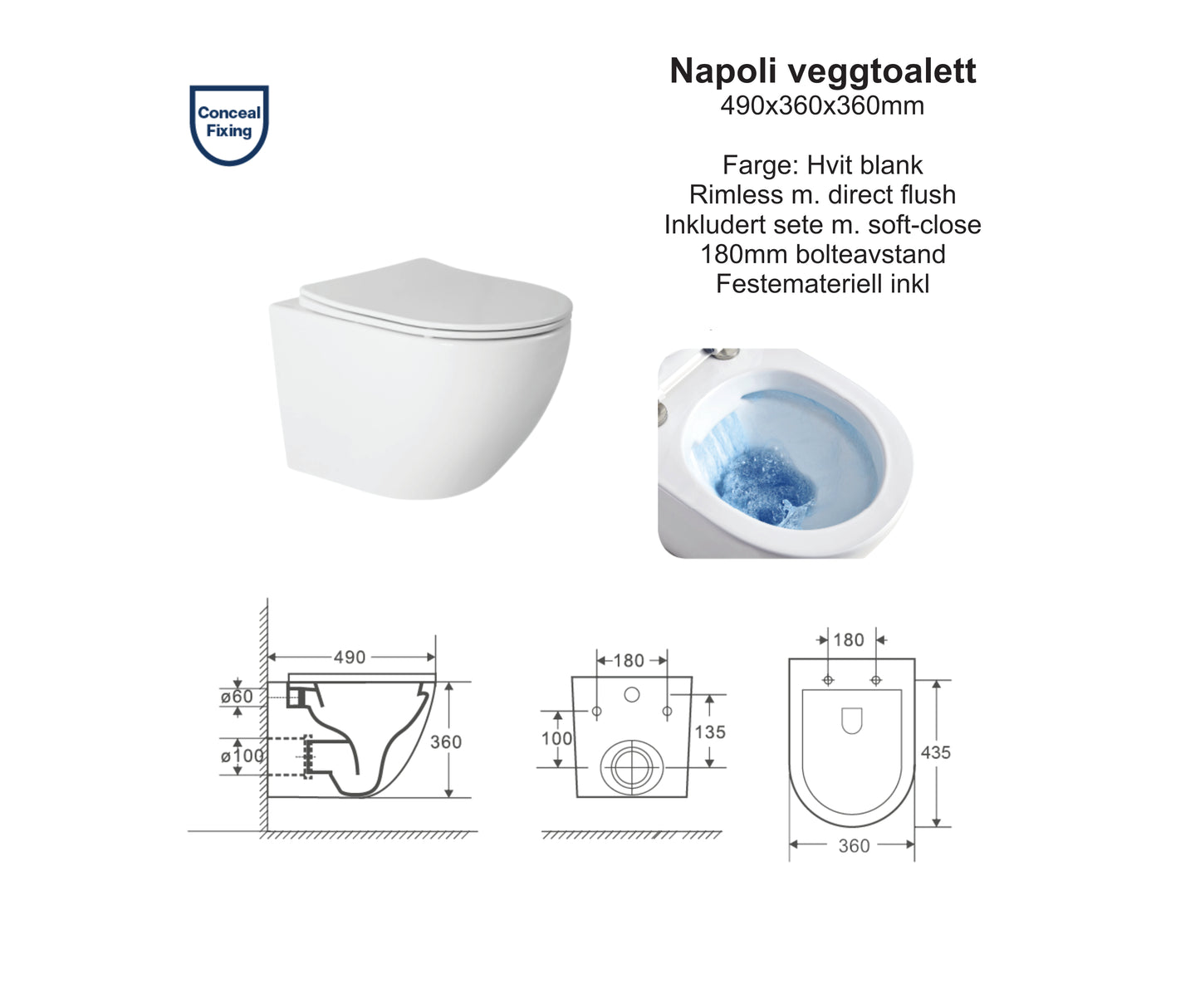 Napoli hvit glans toalettpakke, veggskål, softclose sete og standard sisterne