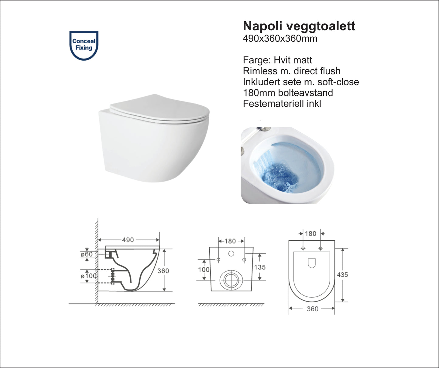 Napoli hvit matt toalettpakke, veggskål, softclose sete og standard sisterne