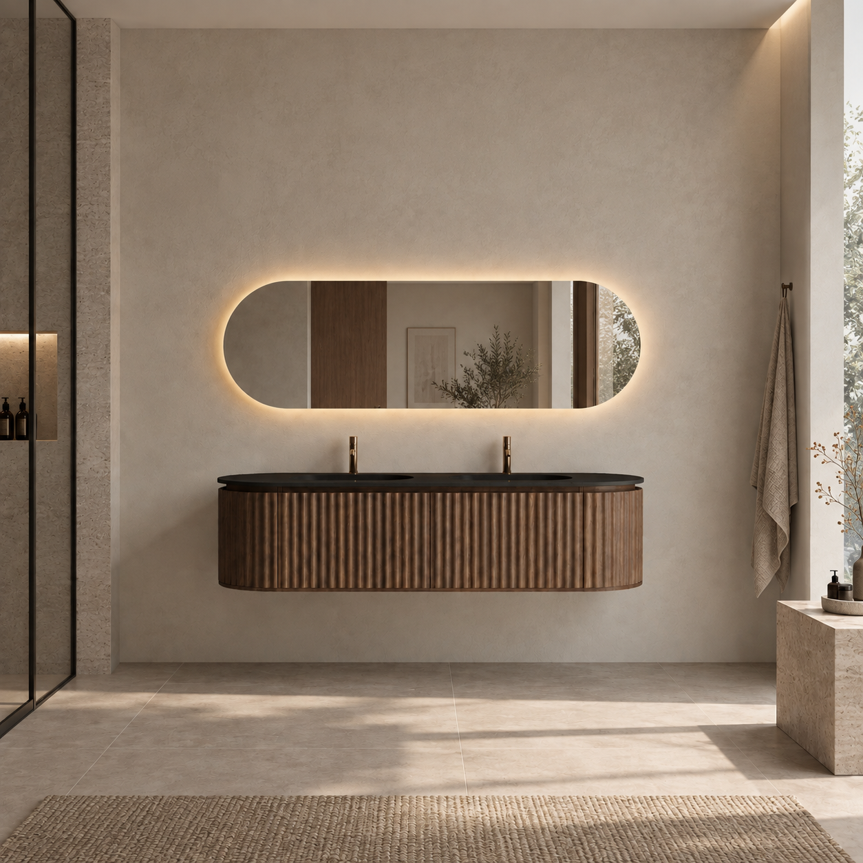 Nordic Shape 180 Valnøtt DOBBEL med sort matt servant og ledspeil