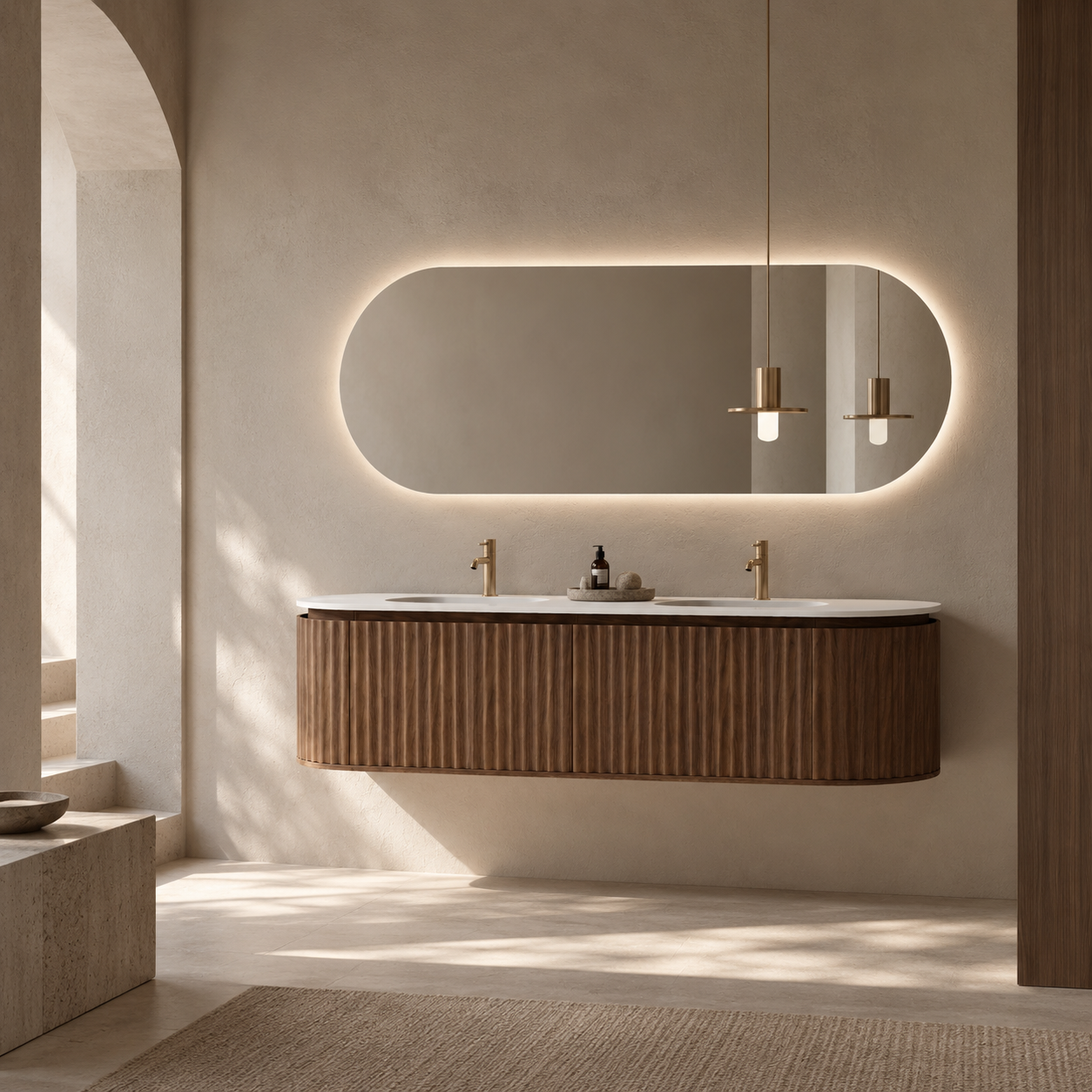 Nordic shape 180 valnøtt med dobbel servant u/speil