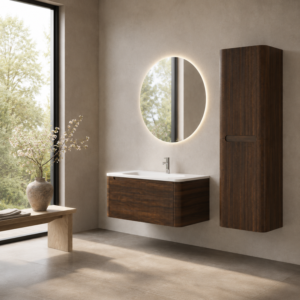 Flow baderomsmøbel 80 cm valnøtt m/hvit matt servant + ledspeil og høyskap